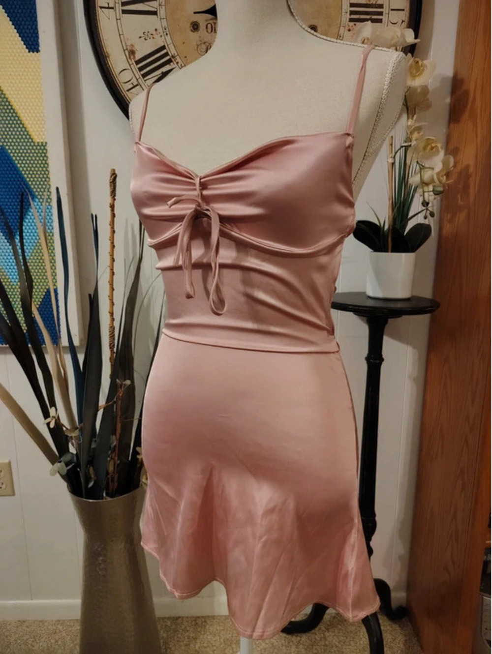 Shein Satin Pink Tie-Front Mini Dress | XS/S